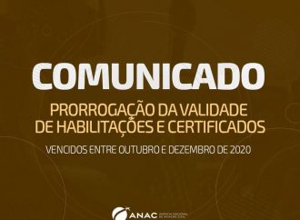 ANAC- Habilitações e certificados com vencimento entre outubro e dezembro têm validade prorrogada